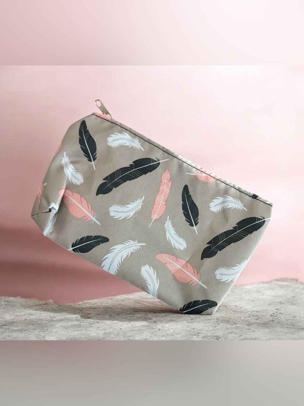 Feather Print Cosmetic Bag - Tan with Pink, Black & White Feathers
